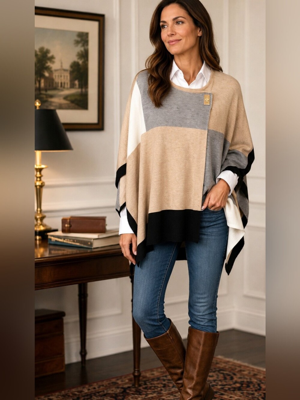 Calvin Klein Colorblock Poncho Sweater Cape Neutral Luxe Office Preppy Chic